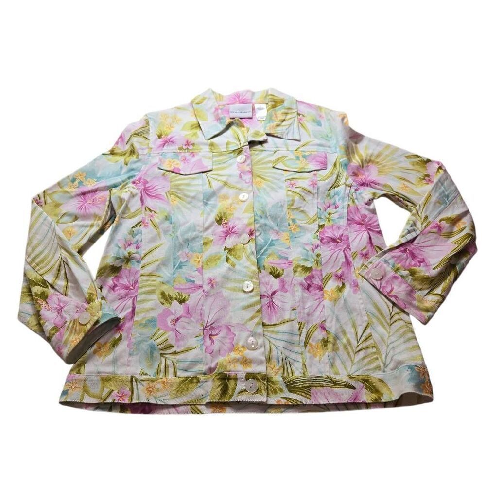 ALFRED DUNNER Jean Denim Jacket Tropical Colorful Hibiscus Flowers Women's Size